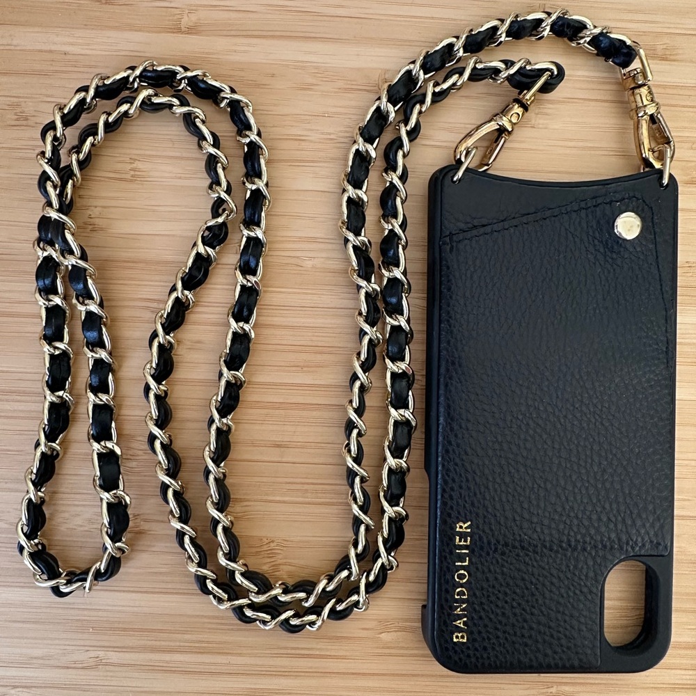 BANDOLIER ‘Emma’ Cross Body Case Black & gold chain Pebbled Leather IPhone X